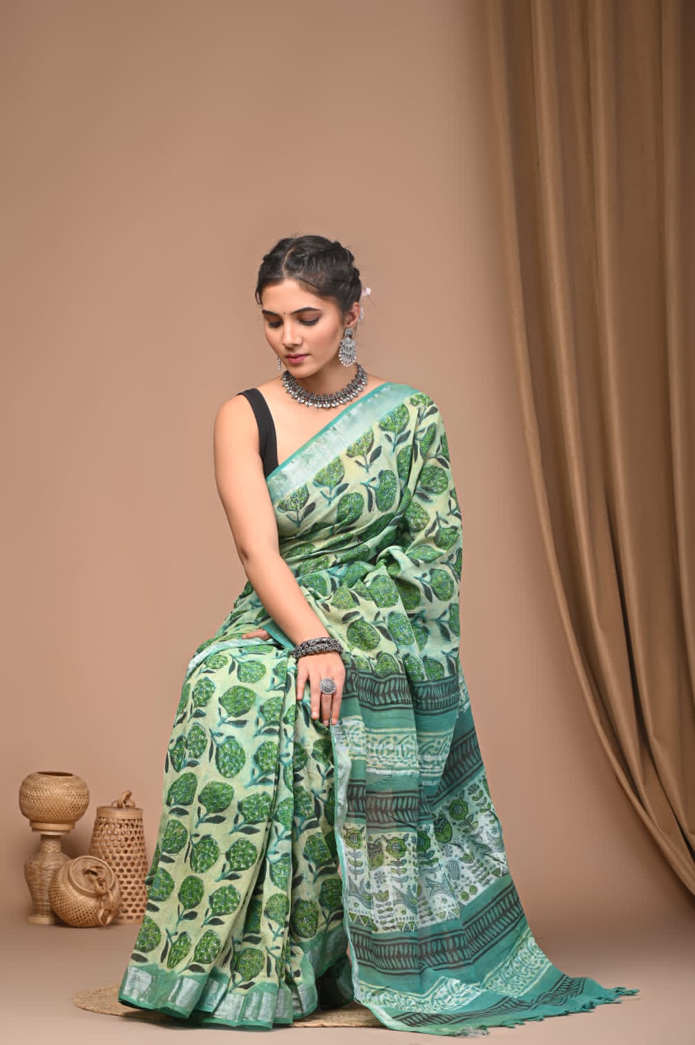 Vanaspati Ajrakh Prints Linen Saree