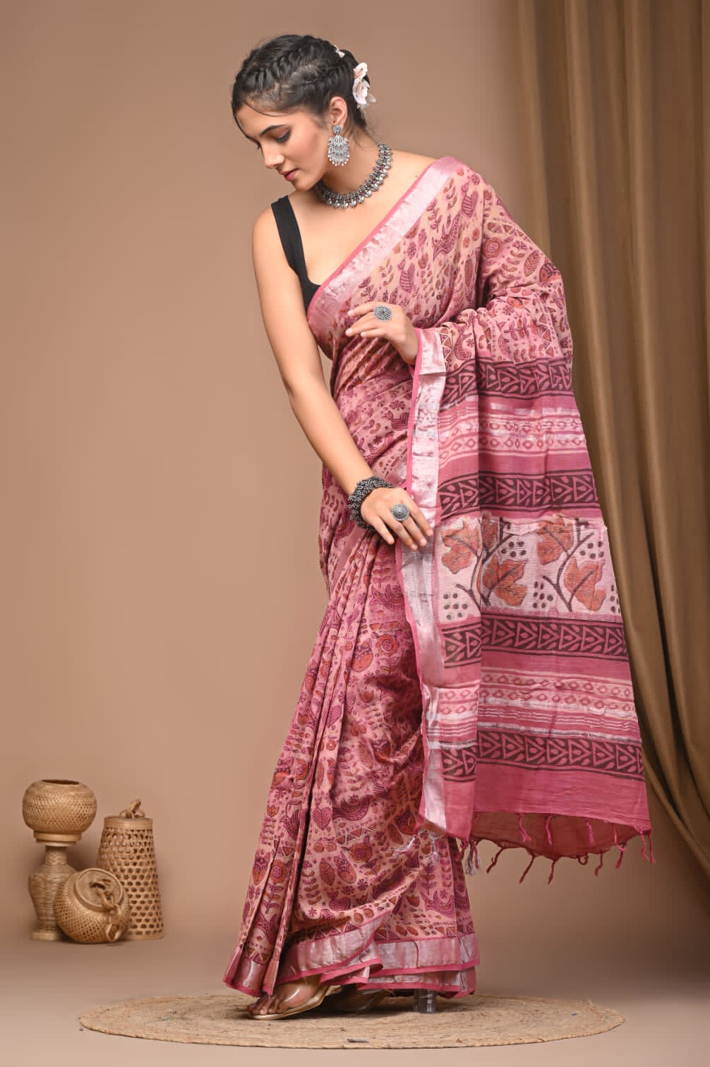 Vanaspati Ajrakh Prints Linen Saree