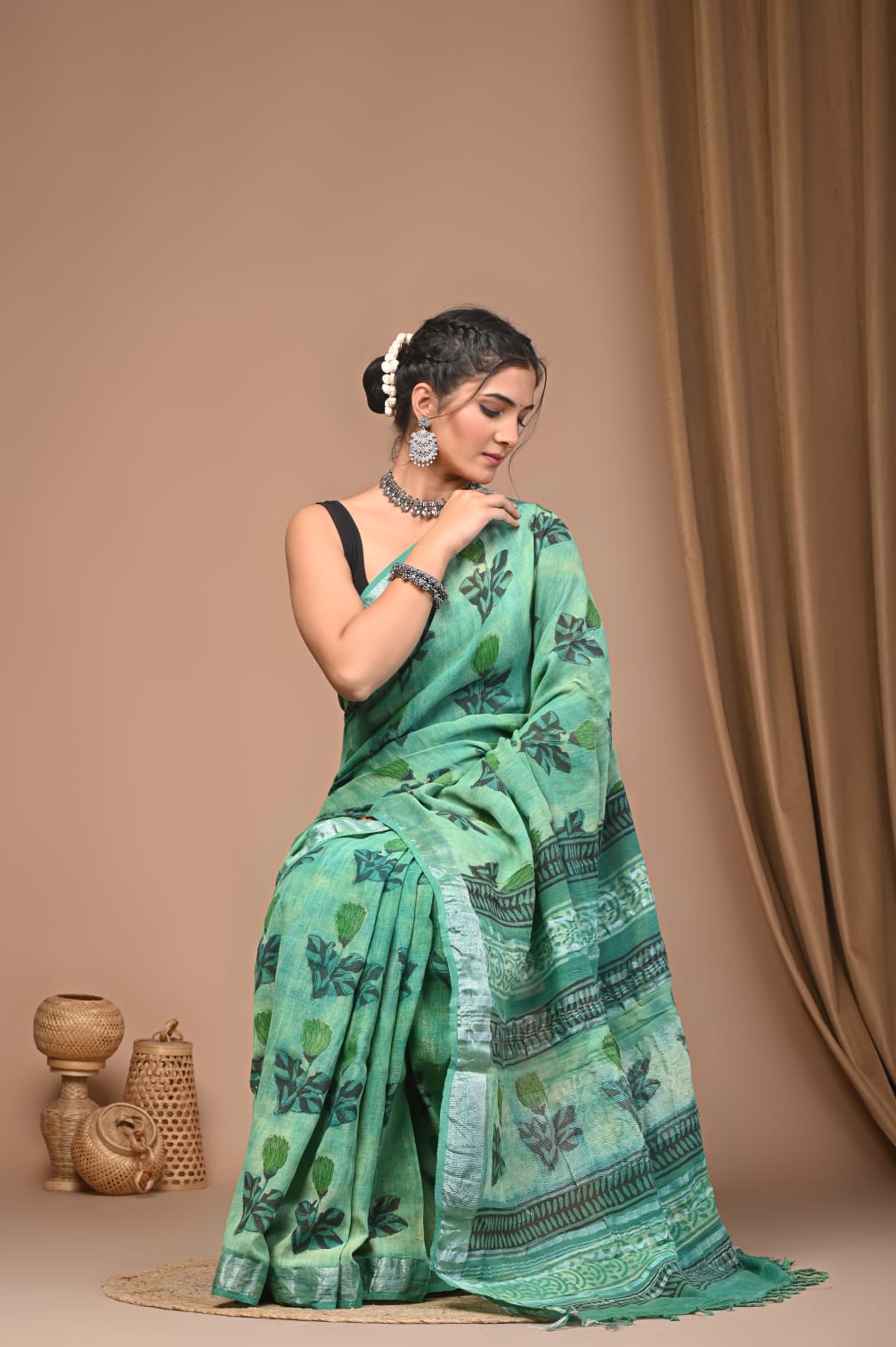 Vanaspati Ajrakh Prints Linen Saree