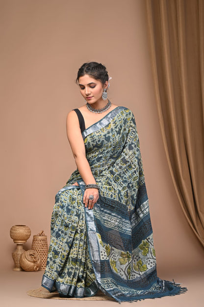 Vanaspati Ajrakh Prints Linen Saree