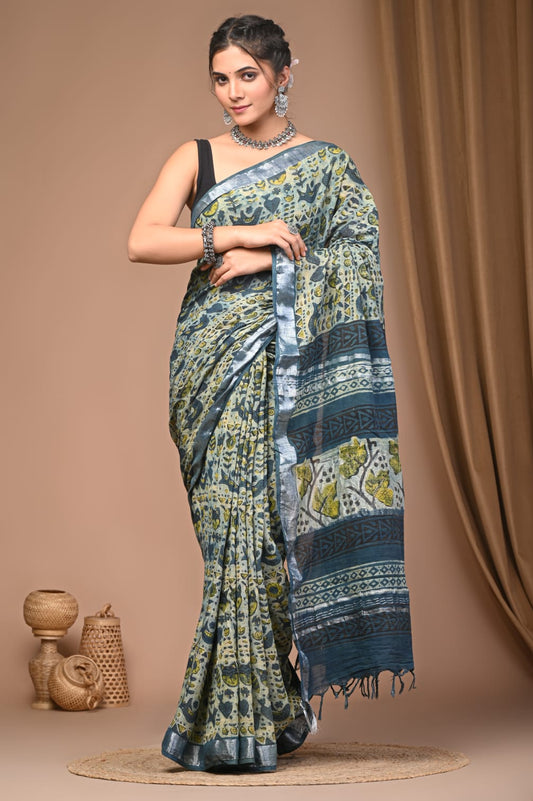 Vanaspati Ajrakh Prints Linen Saree