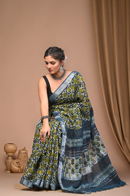 Vanaspati Ajrakh Prints Linen Saree