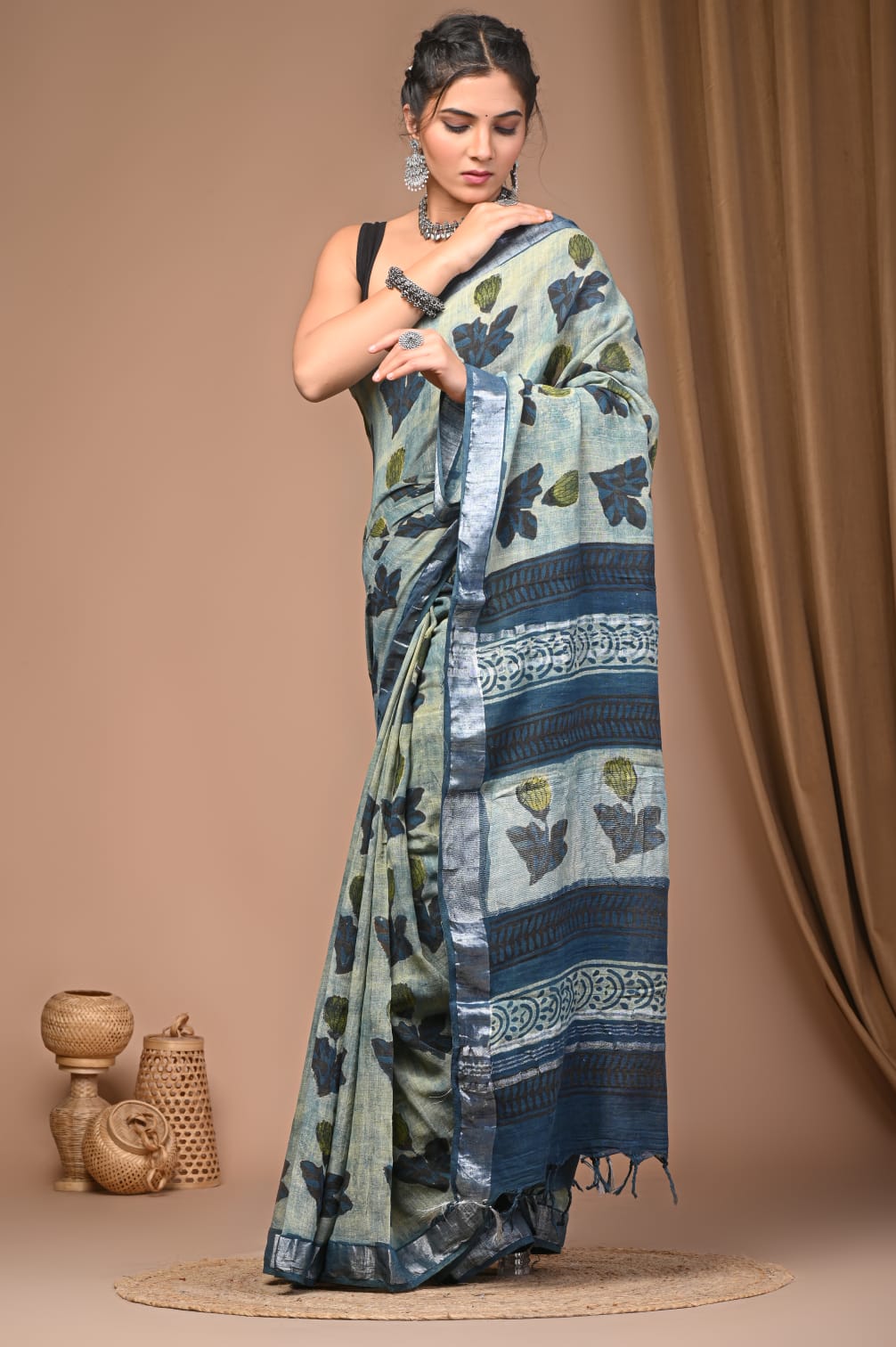 Vanaspati Ajrakh Prints Linen Saree