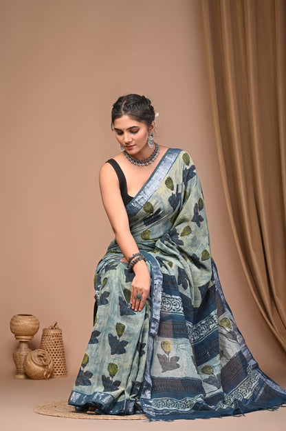 Vanaspati Ajrakh Prints Linen Saree