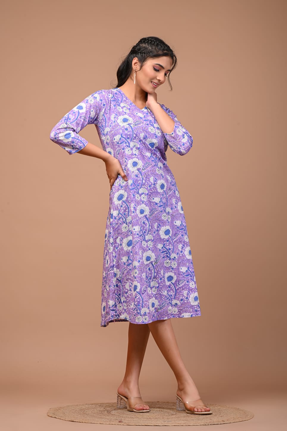 Hand Blocks Floral Printed MIDI Dress.