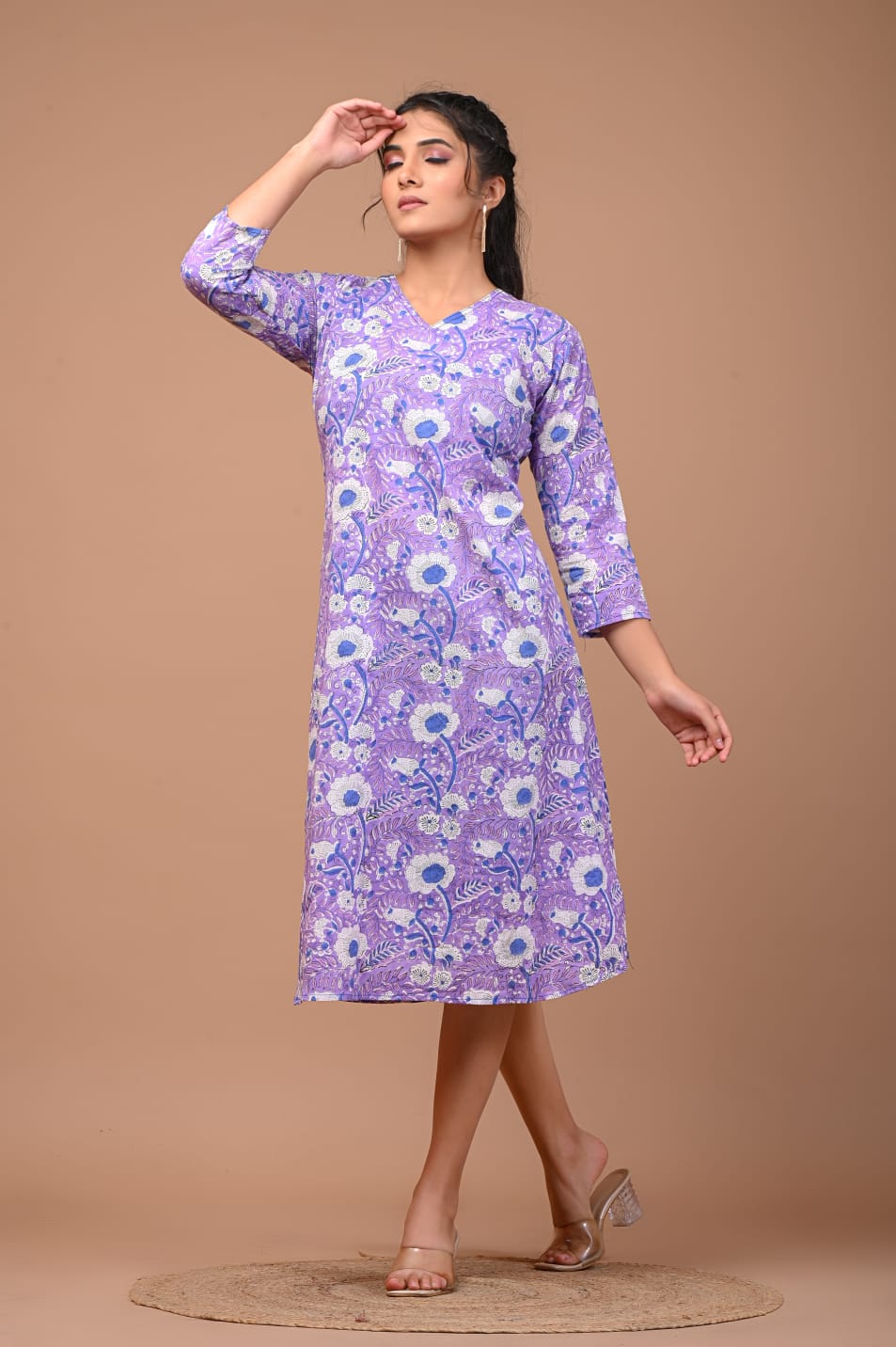 Hand Blocks Floral Printed MIDI Dress.