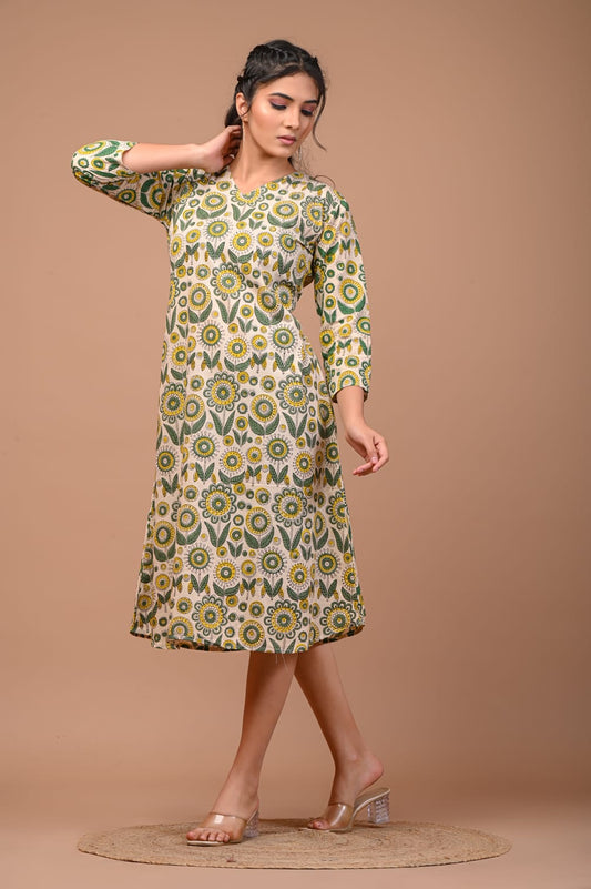 Hand Blocks Floral Printed MIDI Dress