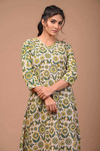 Hand Blocks Floral Printed MIDI Dress