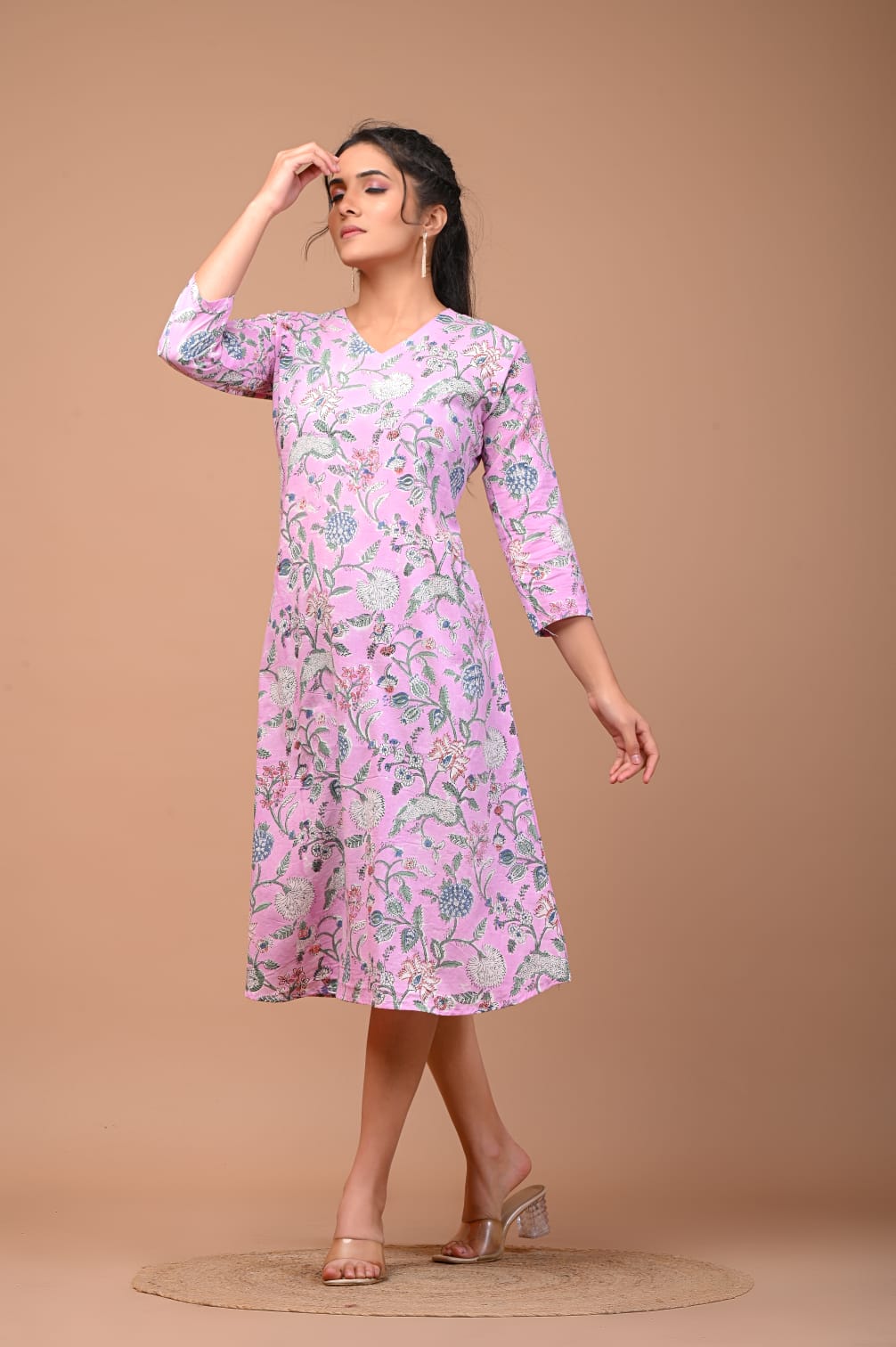 Hand Blocks Floral Printed MIDI Dress