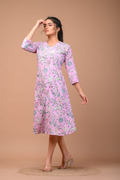 Hand Blocks Floral Printed MIDI Dress
