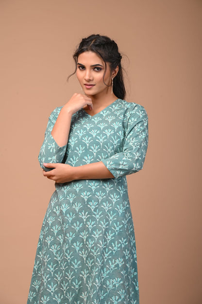 Hand Blocks Floral Printed MIDI Dress