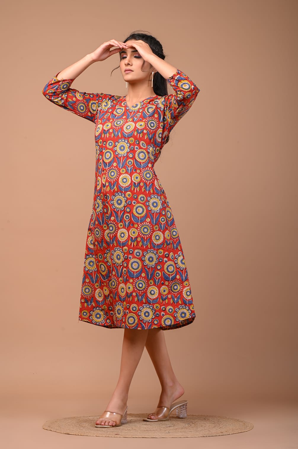 Hand Blocks Floral Printed MIDI Dress.