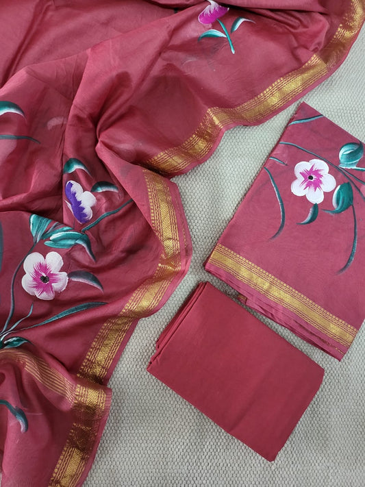 Hand Painted Maheshwari Silk suit