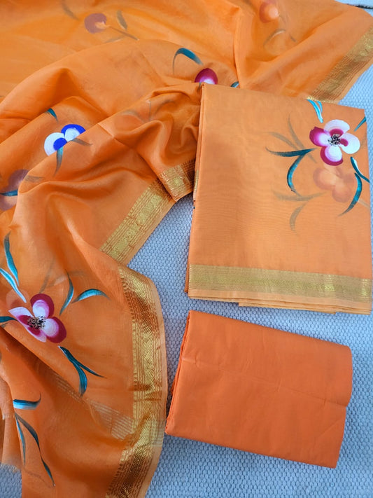 Hand Painted Maheshwari Silk suit