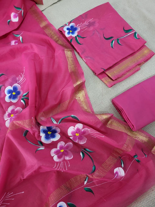 Hand Painted Maheshwari Silk suit
