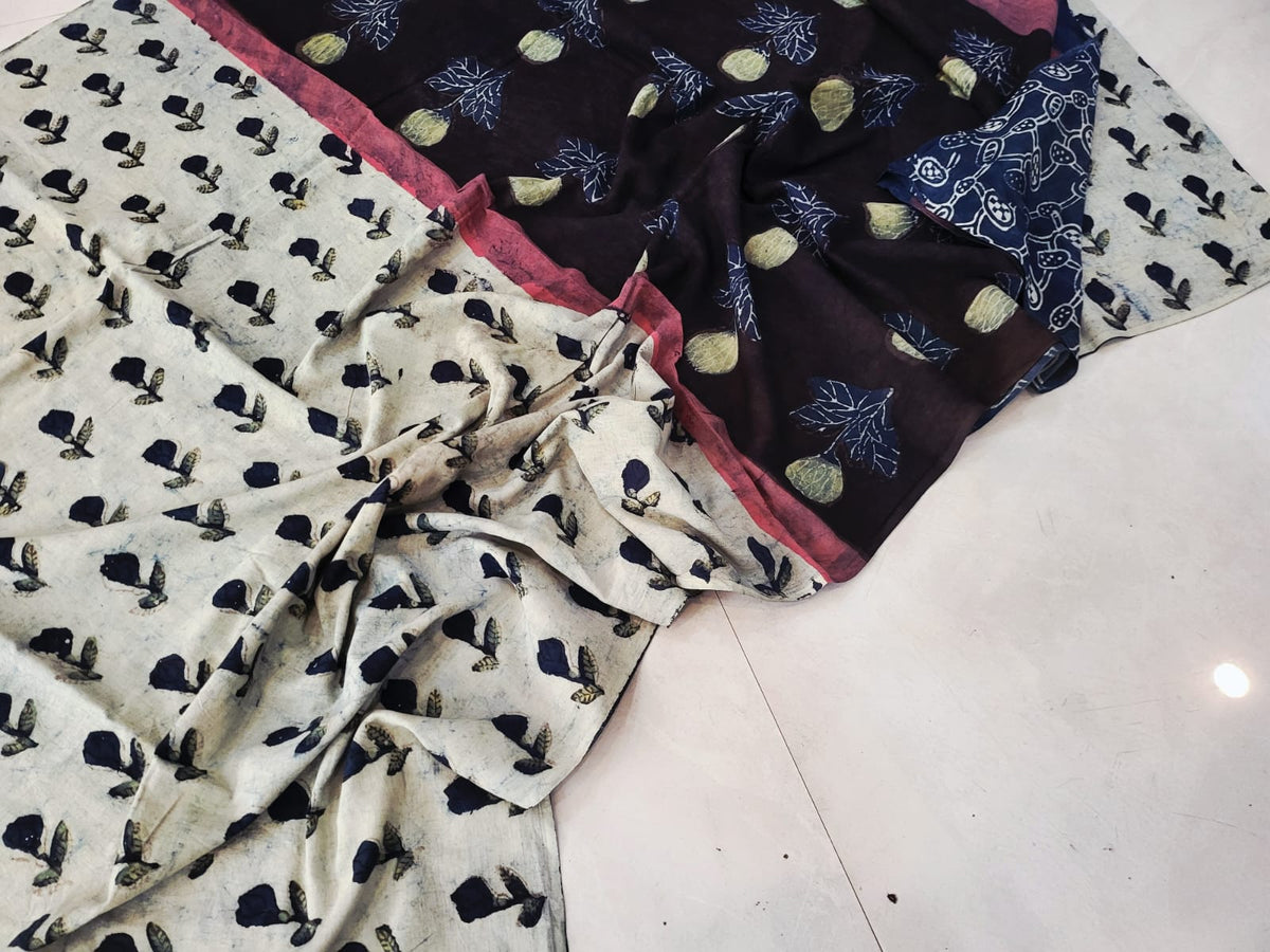 Nashpal dyes Ajrakh Prints Pure Mul Cotton sarees